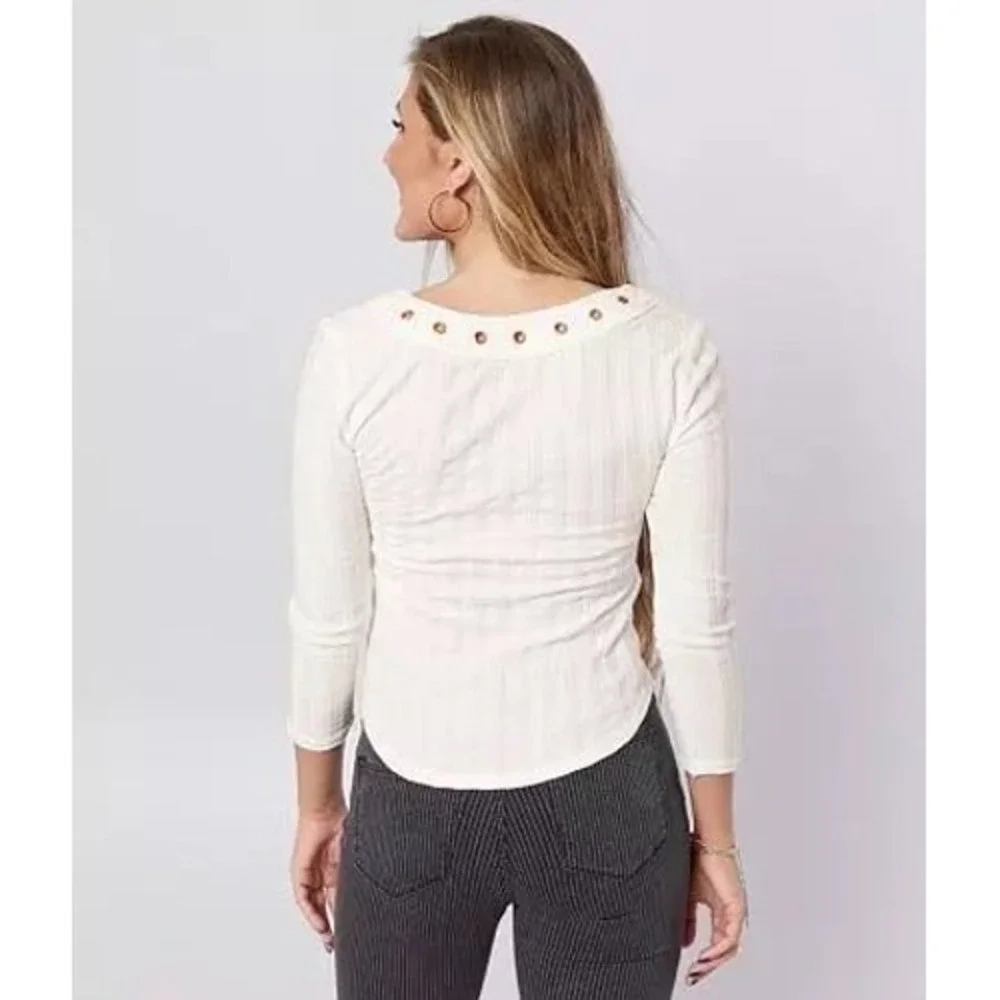 Free People White Ribbed Lace Up Long Sleeve Top Shirt Metal Eyelets M
